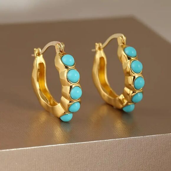 "Isabelle" Bohemian Gold Hoop Earrings with Turquoise-Tone Blue Gemstones - Picture 1 of 4